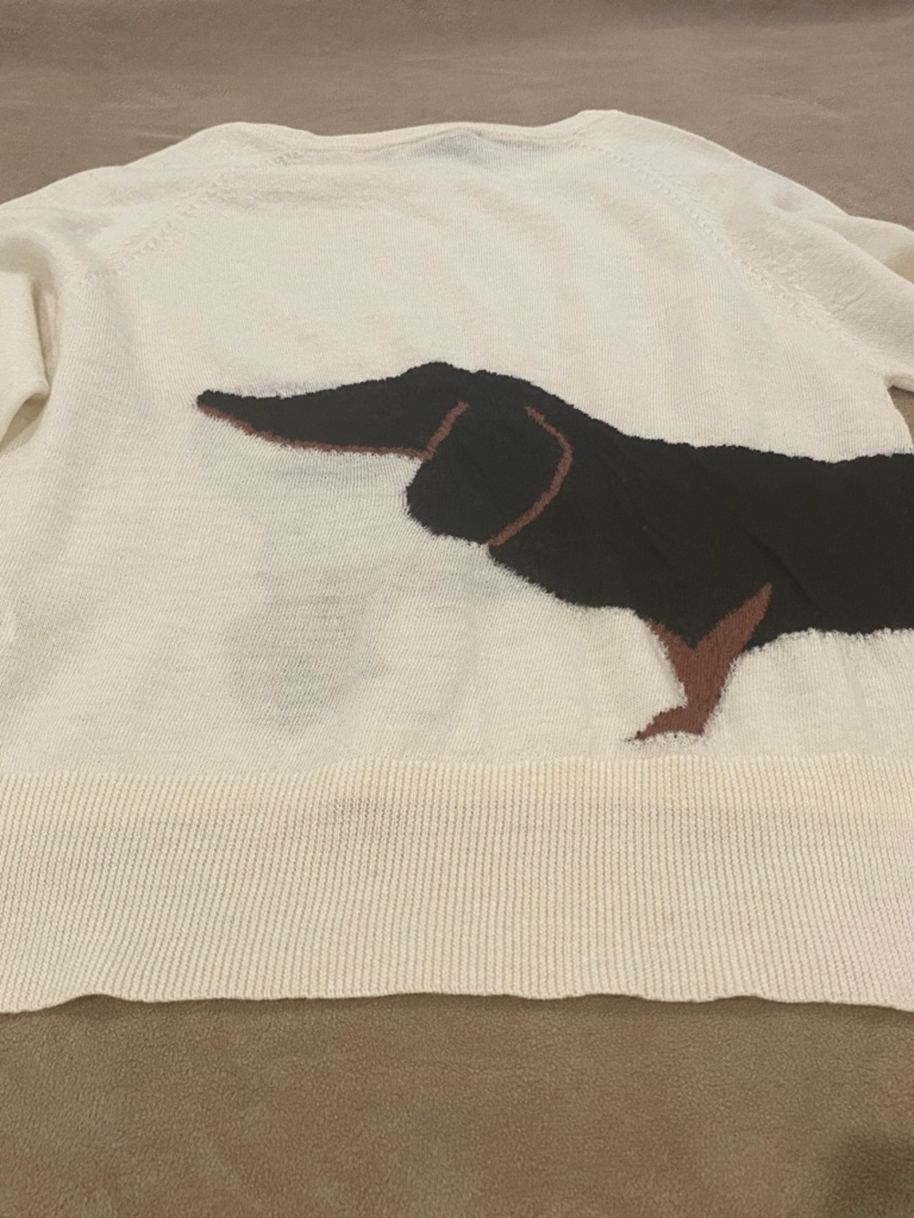 French Connection Cream Sweater with Black & Brown Dachshund Graphic